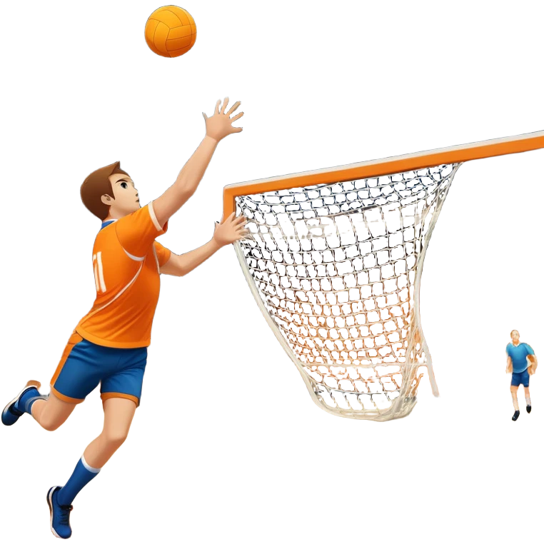 A handball thrown towards the goal, mid-air, with the goalposts and court lines in the background. The scene captures the power and precision of the throw, with the net of the goal in focus, emphasizing the dynamic action of the sport. emoji