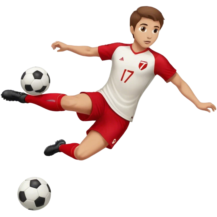 Guy kicking soccer ball with red jersey and wearing number 7 with brown hair emoji