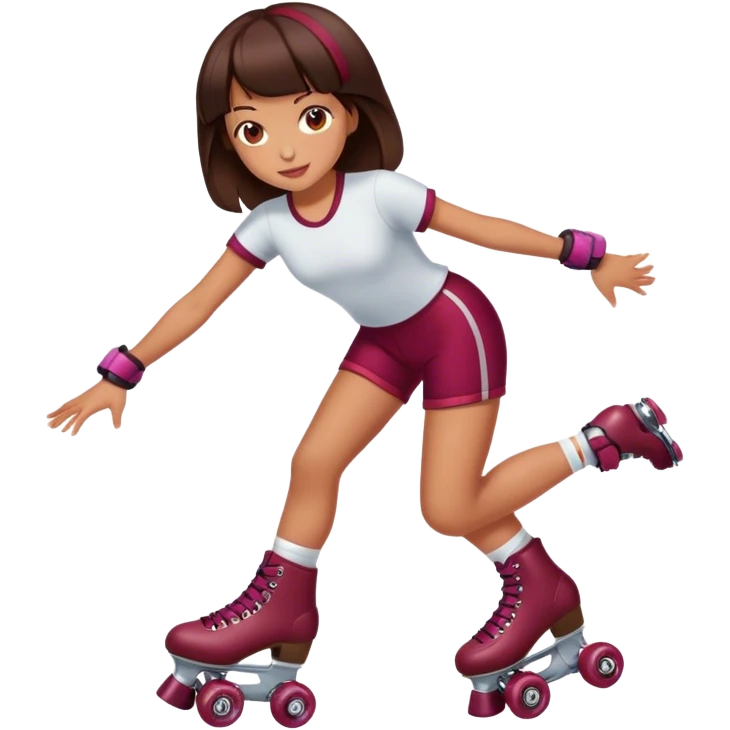 brunette long hair girl, tan skin, with burgundy rollerskates emoji