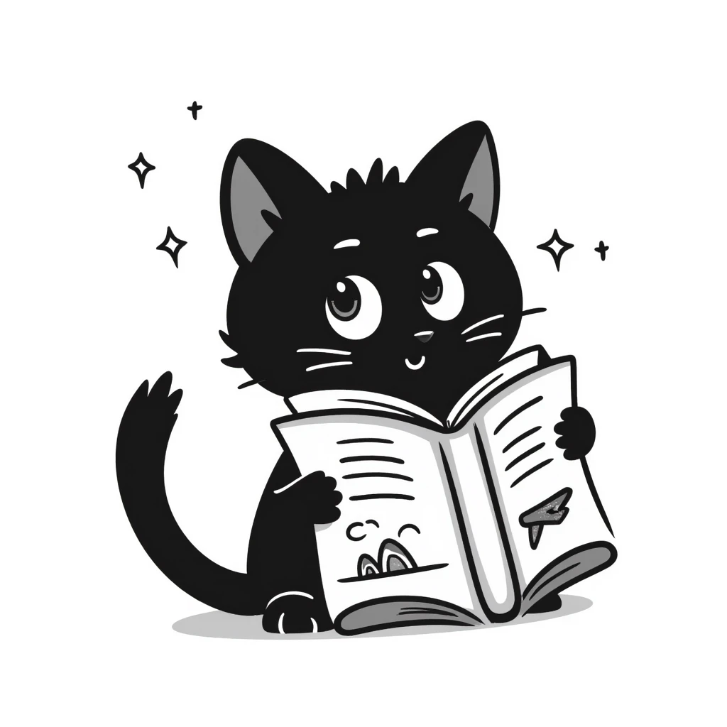 A kitten holding a book with stars in its eyes emoji