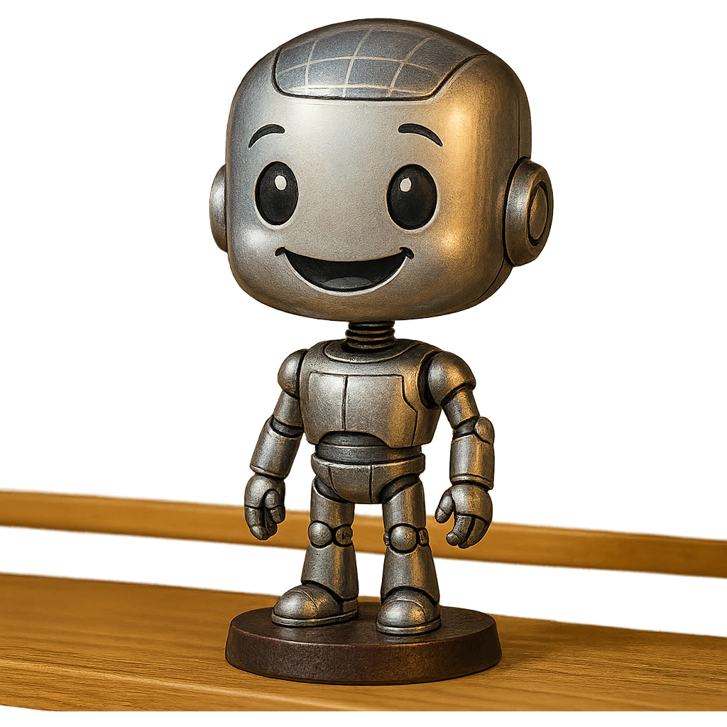 smiling robot, metallic body, oversized head emoji