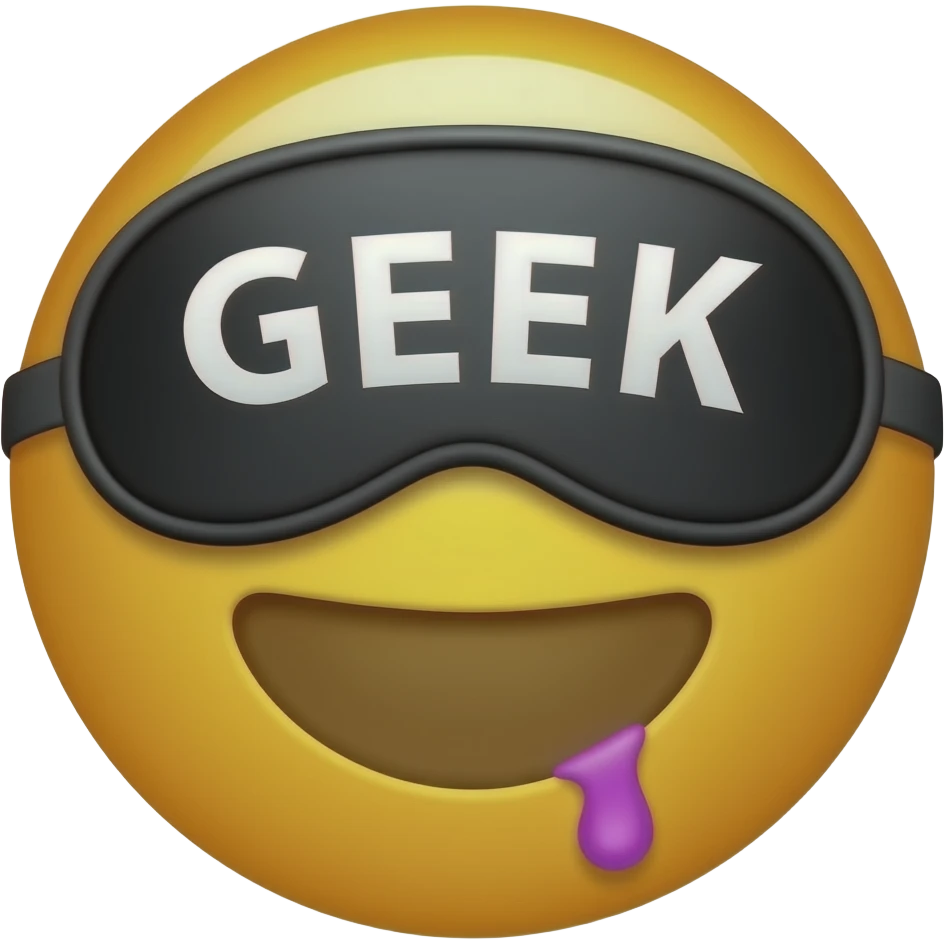 Give me a regular emoji with a sleeping mask that says "GEEK" and add neon purple drool to the corner of his half opened mouth emoji