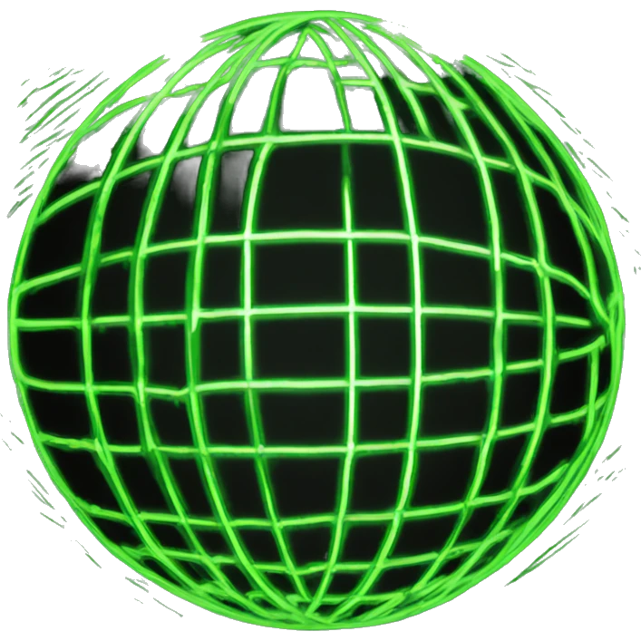 imagine a neon green globe with lines in the shape of a sphere with a black background emoji