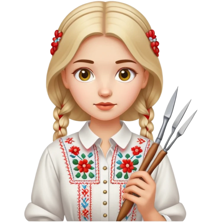 Ukrainian young girl in white embroidered traditional shirt holding needlework tools emoji