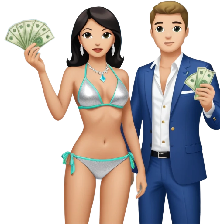 tefi valenzuela wearing diamond sparkle un top bikini and josh king madrid standing on private plane throwing money at her emoji