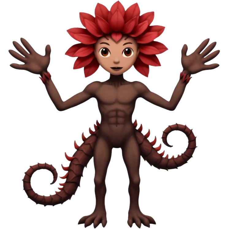 A flower like a monster with arms and legs, the body is a little bit black and the another bit brown like a demogorgon the head part red emoji