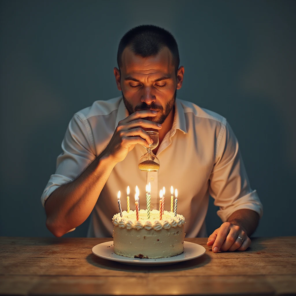 modern style 4K conceptual illustration of a man blowing out candles with an hourglass appearing above the cake, symbolizing metabolism slowing after 30 emoji