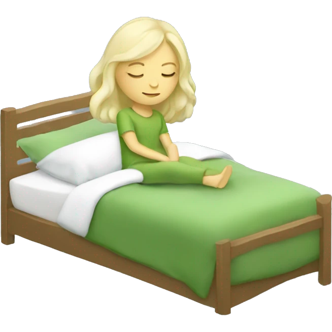 white blonde girl sleeping cozy in matcha green bed emoji