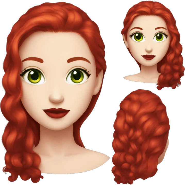 straight long ruby red hair,red lipstick red,green eyes, white skin and a small nose emoji