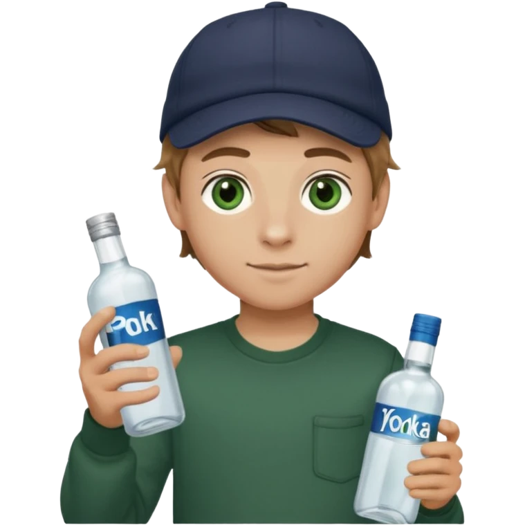 garçon avec yeux vert foncé qui a une puff 16k jnr à l’un main et une bouteille de vodka à la main avec une coupe casquette et les cheveux chatin clair  emoji