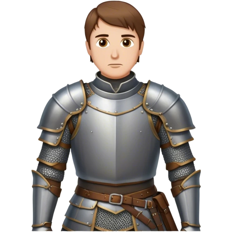 medieval battle armor worn by a DnD themed fantasy character. basic scale mail vest over a gambeson with a high collar. armor only above the waist. The armor full waist. The character's haven't arms. character is brown hair hazel eyes short wild hair white man. emoji