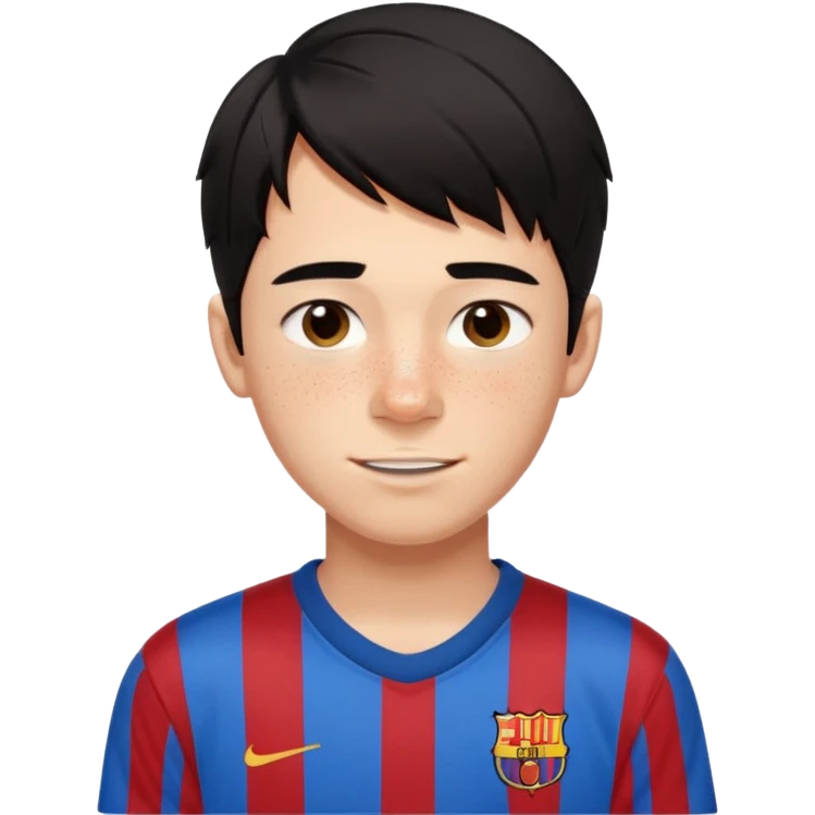 Un chico con pelo liso, desordenado y negro, tiene pecas, brackets, ojos cafés oscuros y con una camisa del Barcelona  emoji