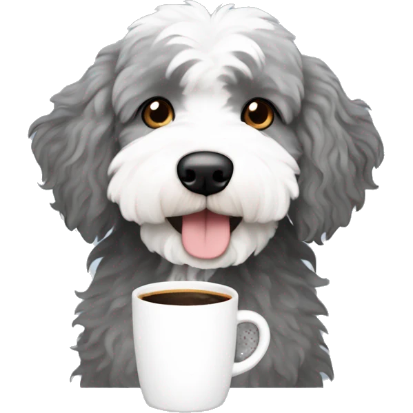 Gray and white Aussiedoodle holding hot coffee emoji