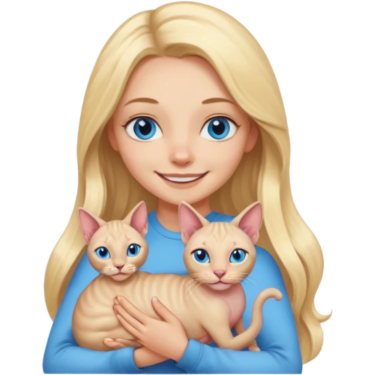 blonde girl with long hair and blue eyes smiling with a sphynx cat in her arms, emoji style emoji
