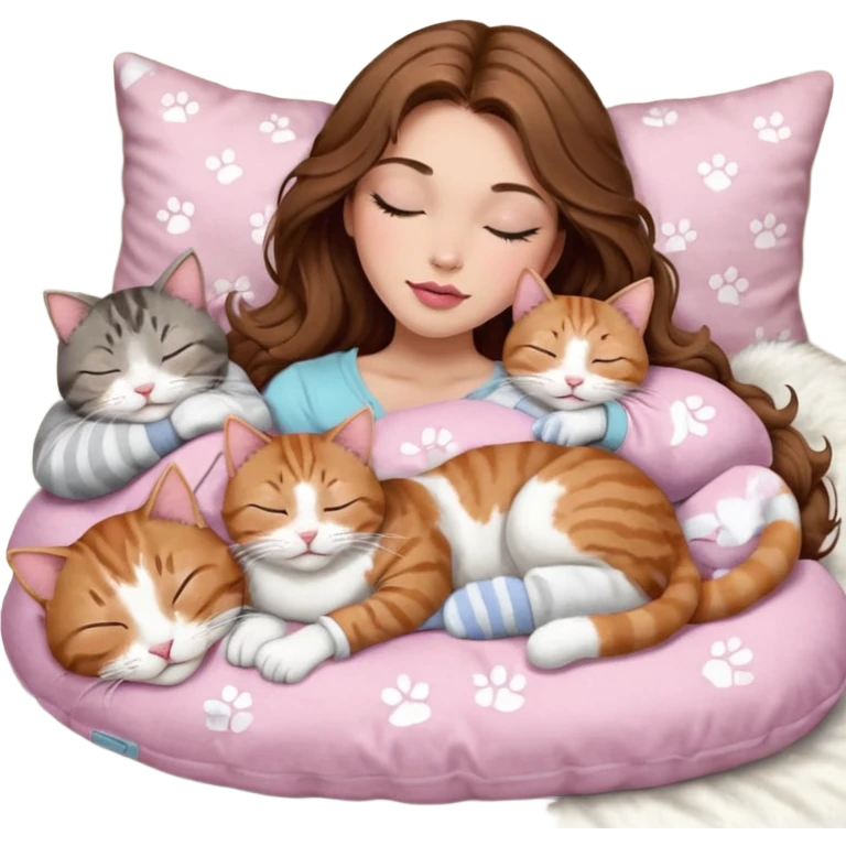 girl with long wavy brown hair, brown eyes, long lashes makeup, sexy pink lips, light to medium complexion,  sleeping on a cozy pillow, with 6 cats: 1 brown and white tabby cat, 1 ginger and white, 2 grey and white, 1 grey with white mittens and small white patch on chest and 1 calico, sleeping emoji