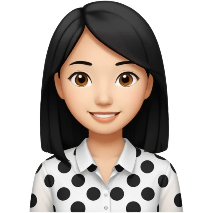 20 yr old asian woman hair  center part big eyes big smile tanned skin straight black hair hippie part hair white blouse with black dots emoji