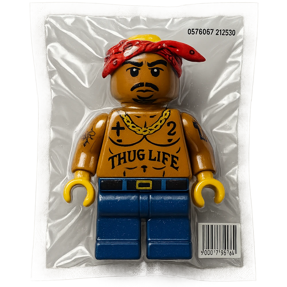 Lego minifigure styled as 2Pac (Tupac Shakur), with bandana, tattoos, and iconic look, glossy and puffy emoji