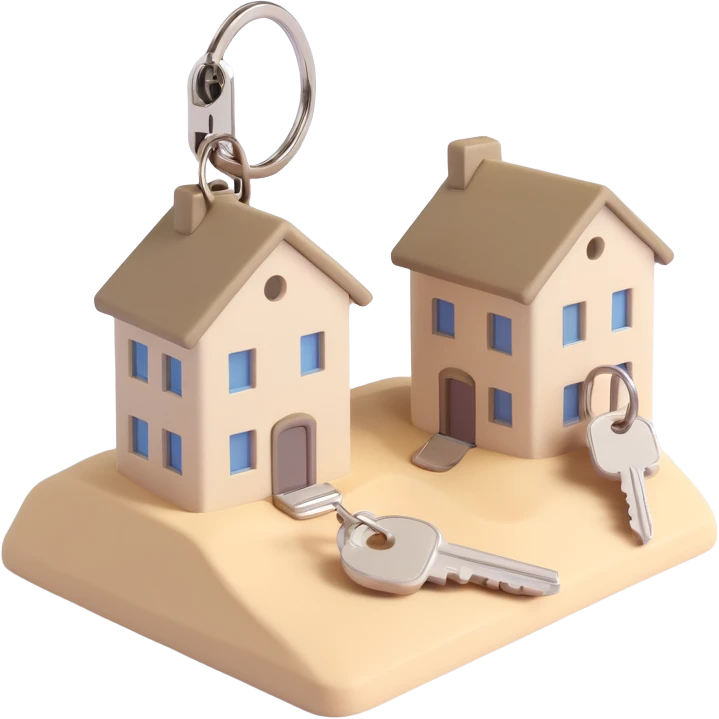 keychain with two keys, one khaki and one beige sand-gray, and a white house-shaped key fob, 3D Emoji style, soft shadows and highlights, transparent background, no decoration, angled view emoji
