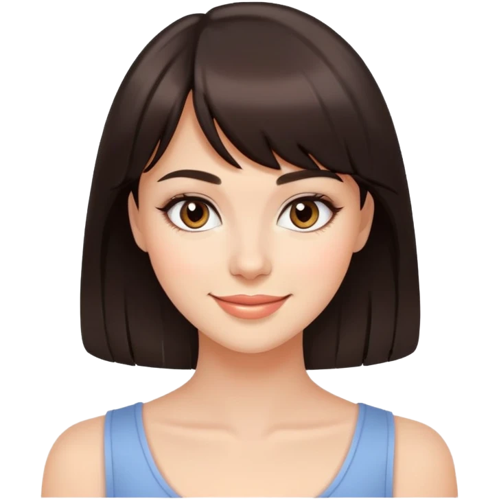 Attractive young woman with dark brown bangs and subtle makeup, confident smile emoji