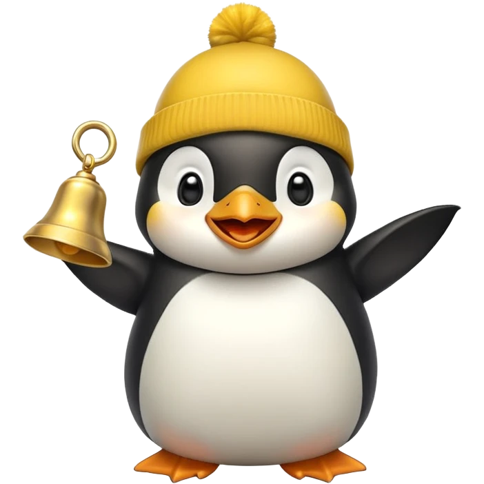 Laughing penguin yellow beanie  ringing gold bell emoji