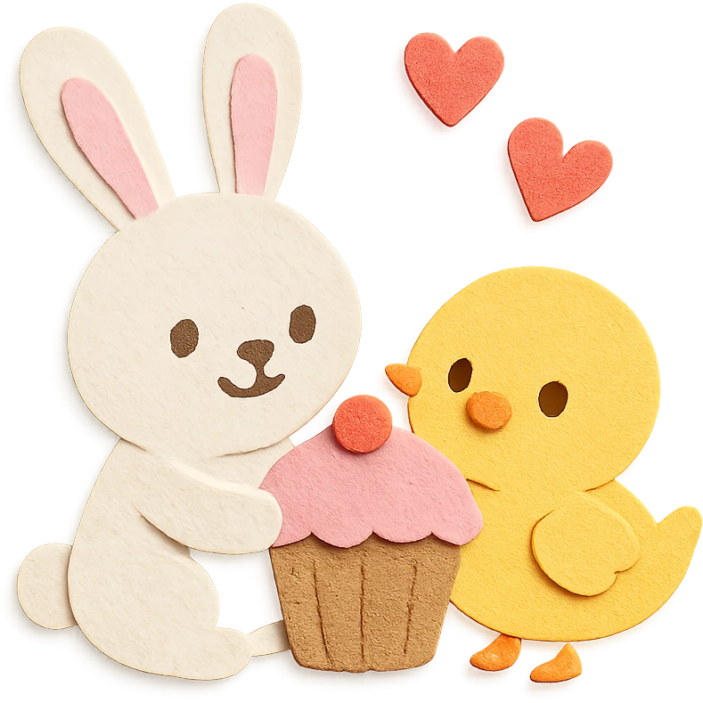 bunny and chick sharing cupcake with hearts floating, paper-craft style emoji