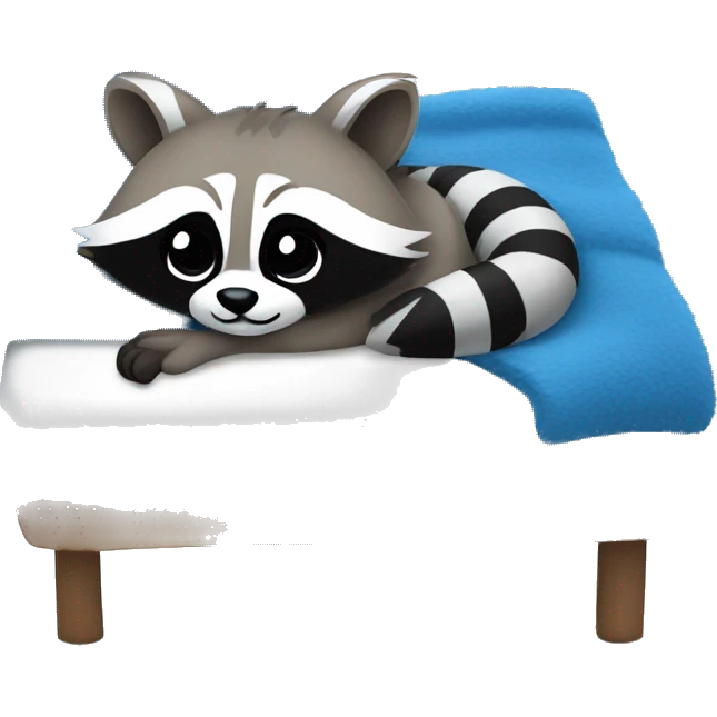 a raccoon laying in a white bed with a blue fuzzy blanket  emoji