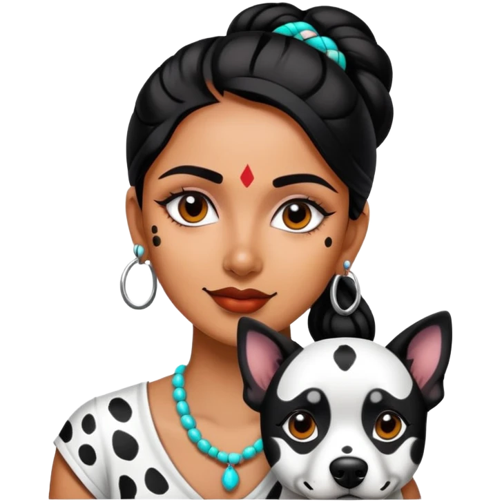 Indian woman who is neon and has a dog who is black and white spots  emoji