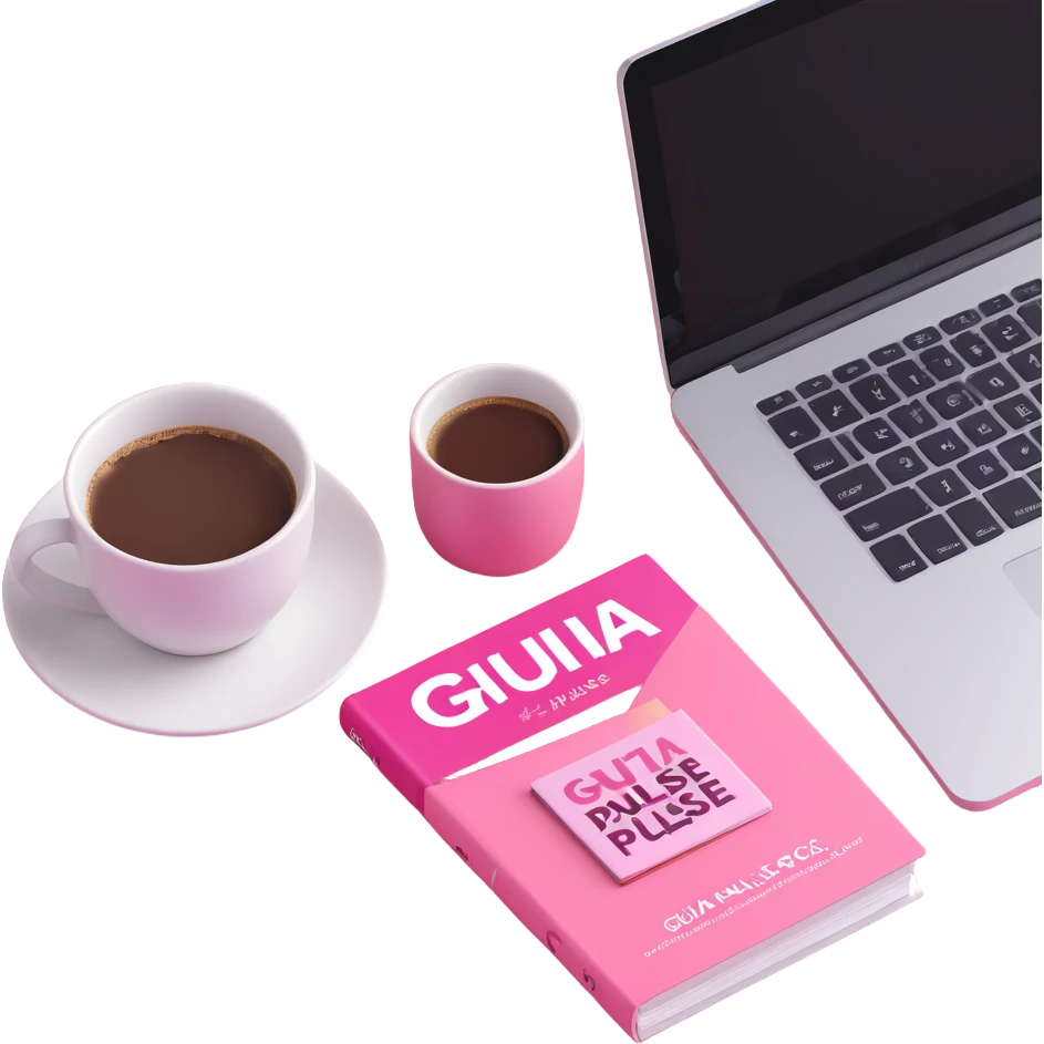 pink magazine with the title 'Guia Pulse' on the cover, next to a coffee cup and a MacBook emoji