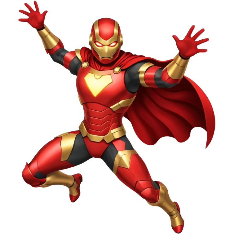 "A high-quality die-cut sticker of a tech-based armored superhero in a dynamic flying pose. Vibrant red and gold metallic plating, glowing circular chest piece, thick white border, flat vector art style, white background." emoji