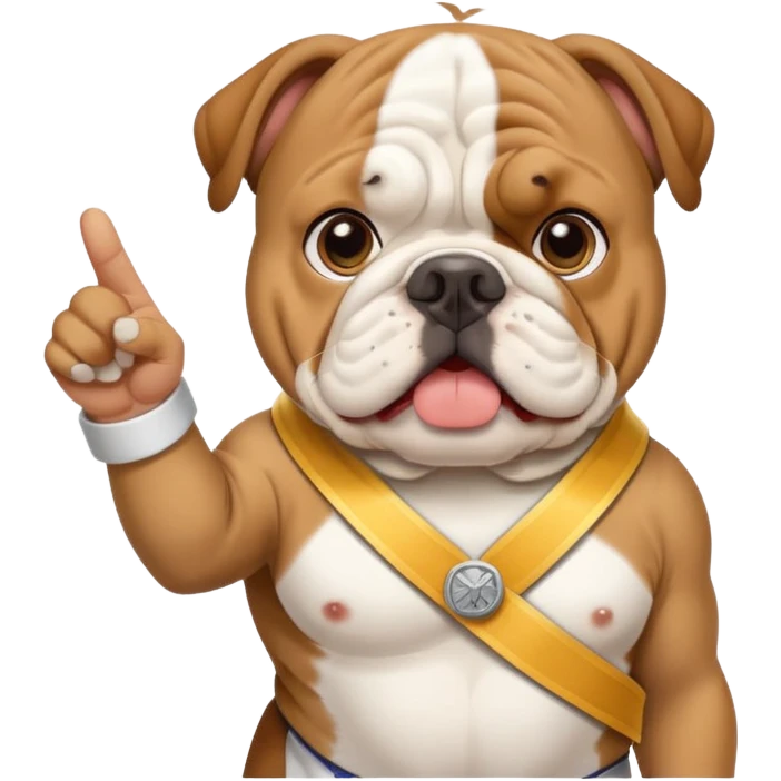 English bulldog pointing at a landmark, wearing a tour guide sash emoji