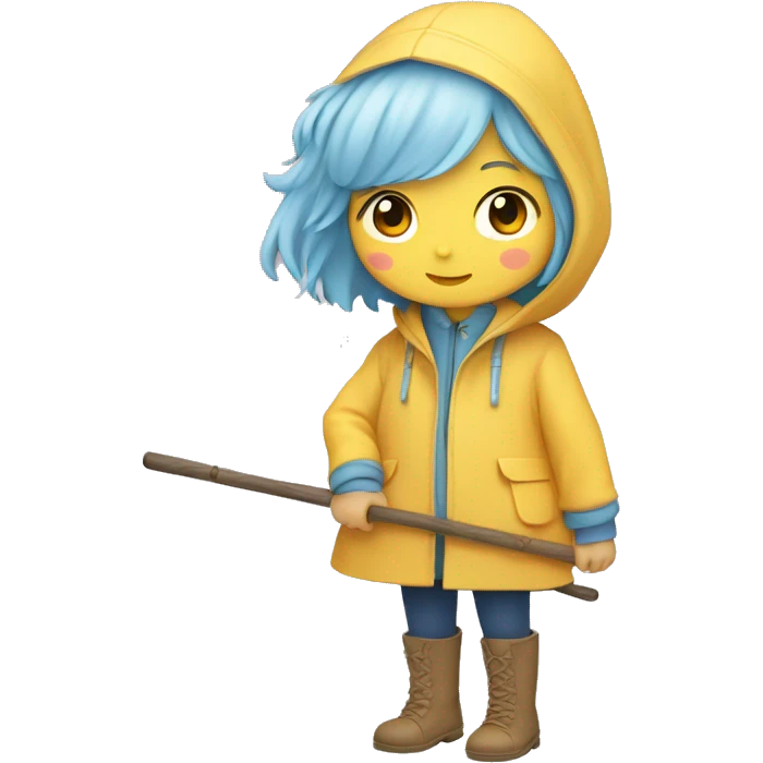 Cute little girl with light short blue hair with peach skin, with yellow raincoat hidden with boots holding a staff, Sanrio design emoji