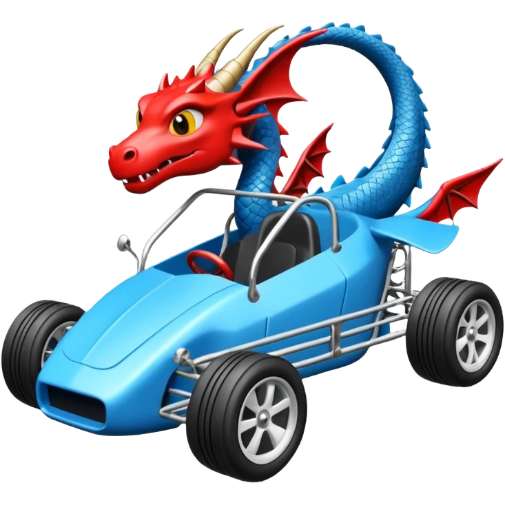 Special three cylinder race car whose frame and suspension is made of shopping cart material with a large rear spoiler is being professionally steered driven by a small thin dragon  emoji