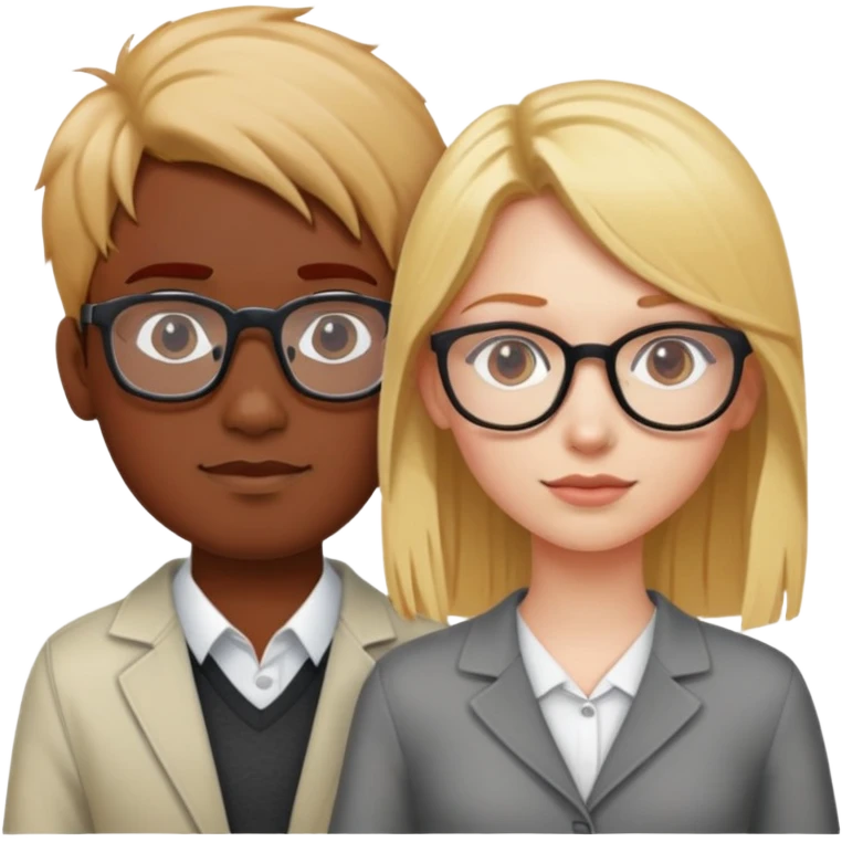 A blonde haired girl and red haired girl both with glasses standing next to an Indian male emoji