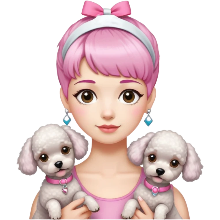 short pixie bangs platinated woman pink hair band，fair-skinned ,no earringsholding two poodles emoji