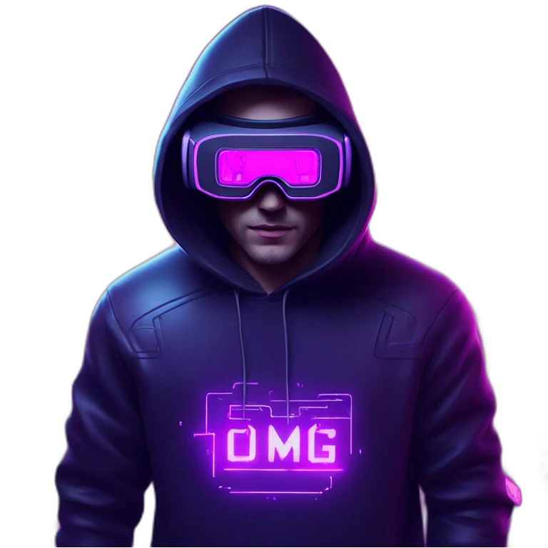 Russian man wearing a black hoodie with "OMG" letters on it and VR headset in a cyberpunk VR environment with violet neon lighting. emoji