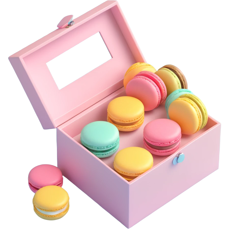 luxury box of macarons, metallic accents, pastel colors, soft reflections, elegant and modern look, iOS 3D emoji style emoji