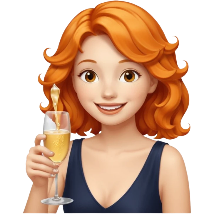 A shy young woman with orange wavy hair gently takes her first small sip of champagne, smiling with excitement. emoji