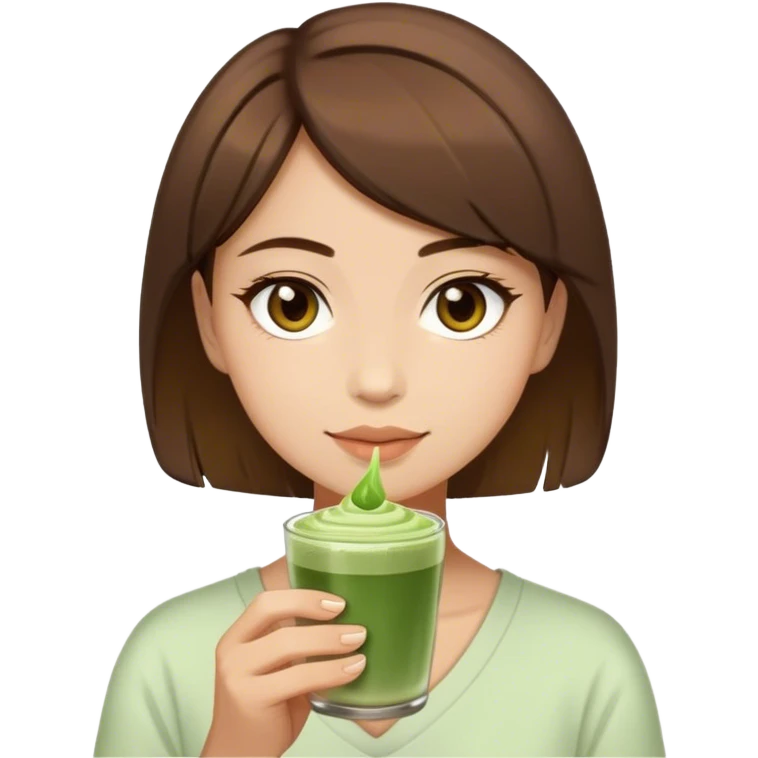 Woman with short Hair brown, brown eyes and Matcha in her hand emoji