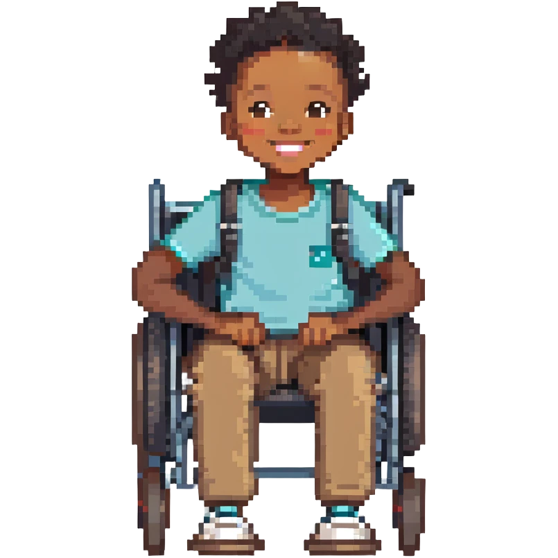 black child in wheelchair, smiling, happy emoji