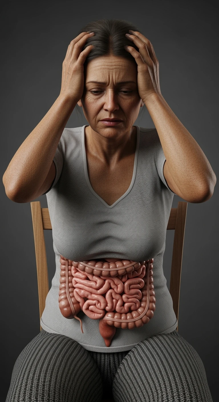 DONNA stanca con intestino realistico in evidenza che si tiene le mani sulla testa, iperrealistici 4k, non disegnati emoji