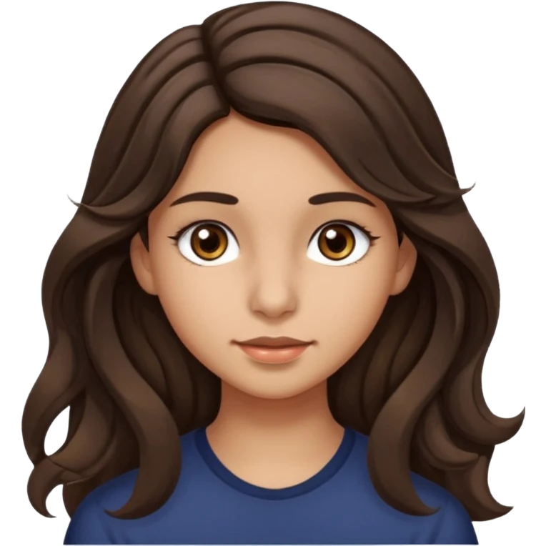 Create a emoji of a girl teen (14 years old) with dark brown hair and a little bit lighter brown in the end of the hair (but mixed) and waves in the hair, very long hair, with MEDIUM FAIR TO OLIVE skin tone, dark brown eyes, perfect nose, long eyelashes emoji