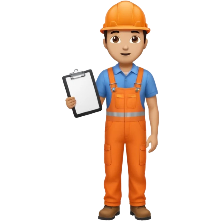 Indian male railway engineer orange overalls, boots holding a clipboard back of head emoji