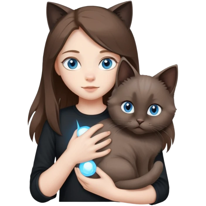Girl with blue eyes and long brown hair and black shirt, holding a fluffy light grey cat with fold ears emoji