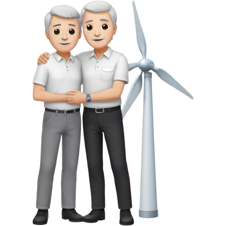 an older white man with grey hair and a white shirt and black pants , hugging a silver wind turbine emoji