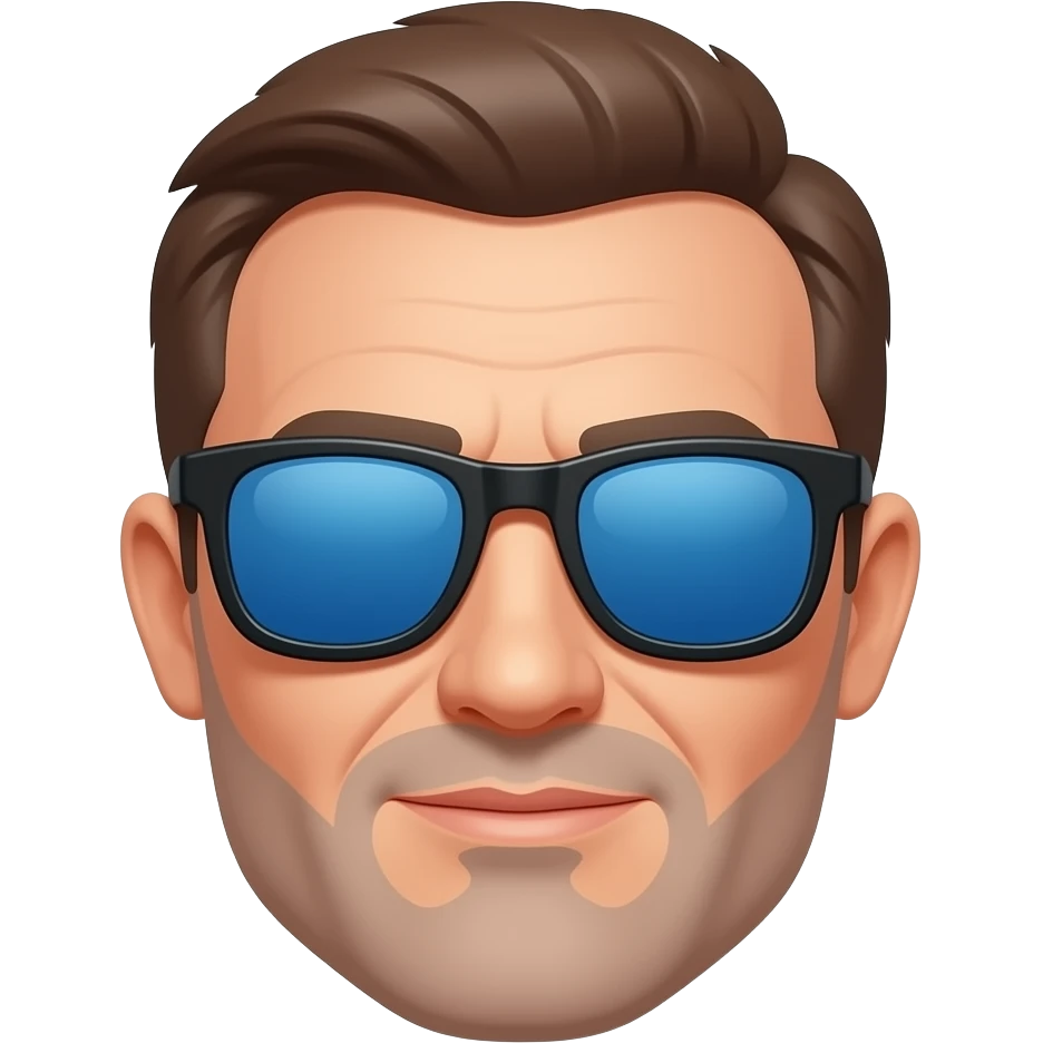 Hombre 63 años pelo muy corto marrón con canas gafas de sol cristales azules azules que no se vean  los ojos con montura negra y barba canosa muy muy corta emoji