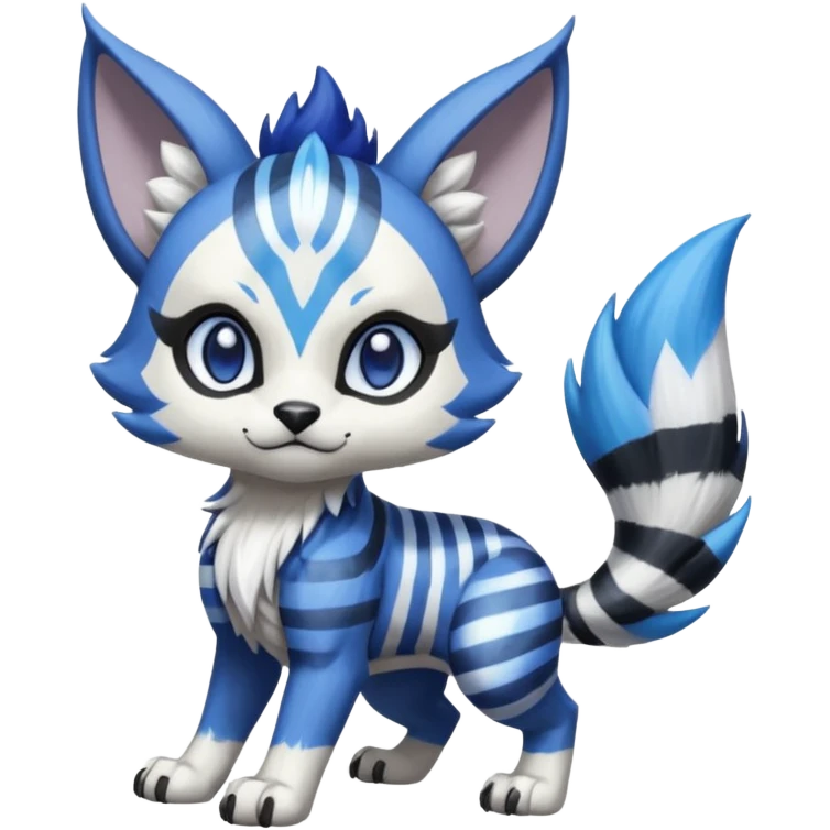 Black and white-striped Colorful Skilled Adept Graceful Asian Painted WereGarurumon-Meloetta-Obstagoon-Furret-fusion-hybrid-creature (full body) with cobalt-sapphire-blue rings around eyes, tufted lynx ears emoji