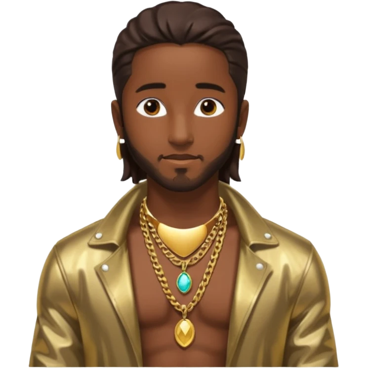 Omarion with long dark brown hair, shirtless with necklace, metallic bronze jacket emoji