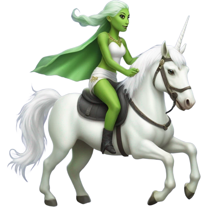 a green amazon alien woman on a white unicorn no woke emoji