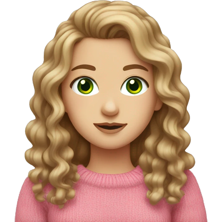 White girl with brown long curled hair and green eyes and a pink sweater emoji