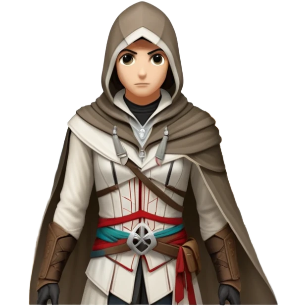 icon featuring Assasin's Creed in an iconic assassin's hood, standing tall against the backdrop of Florence. The design captures the essence of adventure, with intricate details of historical architecture and a sense of mystery. The character is poised, ready for action. transparent background. emoji